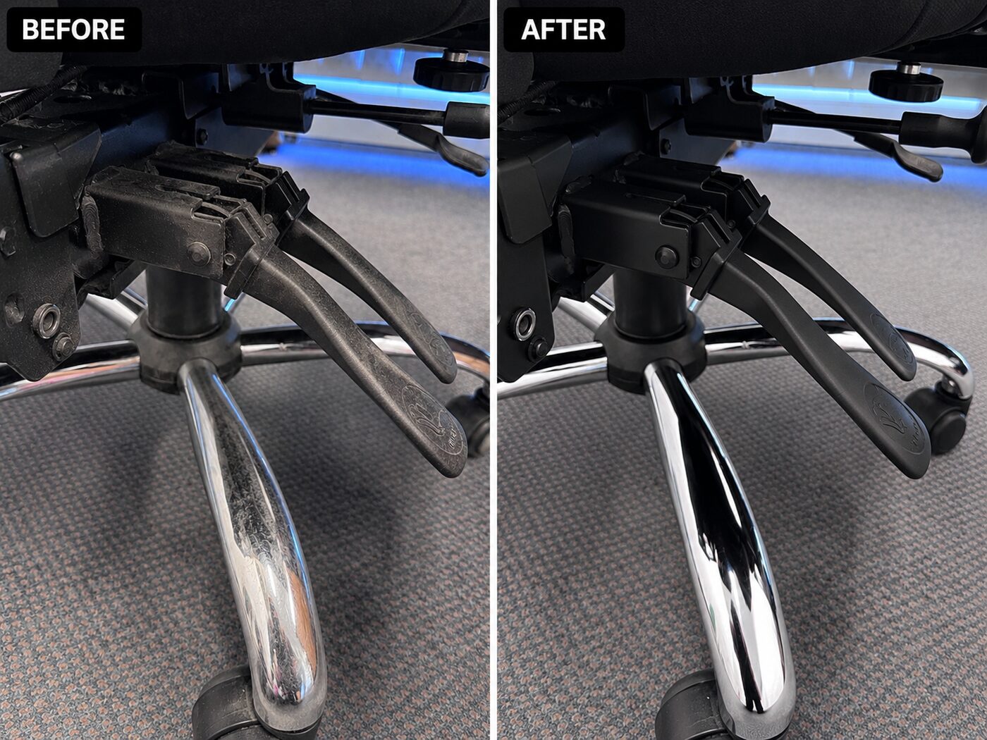 Castors and chrome base — before and after cleaning by Pink Glove