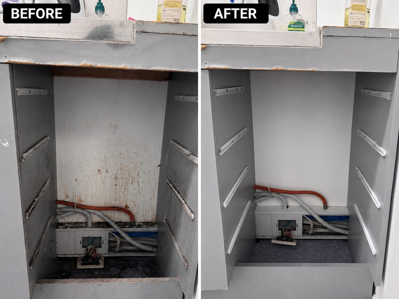 Under-sink cabinet, office kitchen — before and after cleaning by Pink Glove